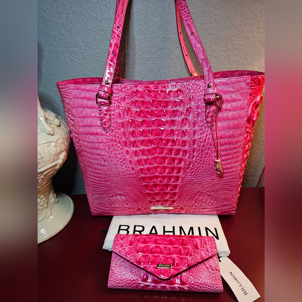 Brahmin Pink Cosmo Melbourne April Tote & Veronica Wallet Nwt